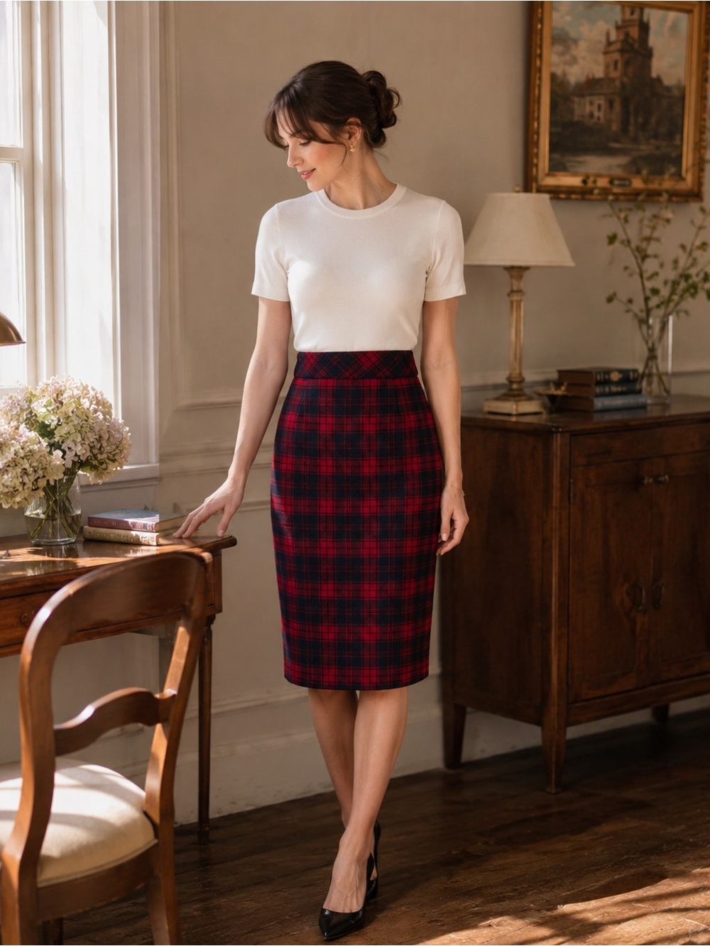 Classic Red & Navy Plaid Pencil Skirt Vintage Wool Blend by Chadwicks of Boston